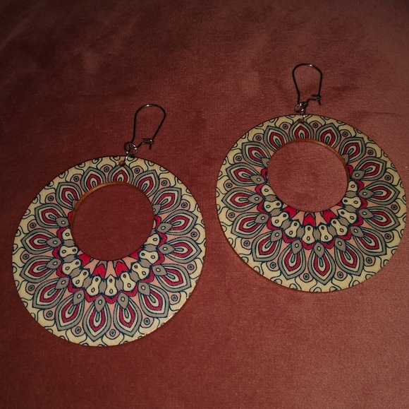 Big Pink Red Blue Wood Hoop Earrings Boho Mandala Bohemian Round Retro Dangles - Picture 5 of 6